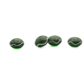 Green glass bead Birka – four beads in a row from the side, flat round shape with white wave decoration around the edge