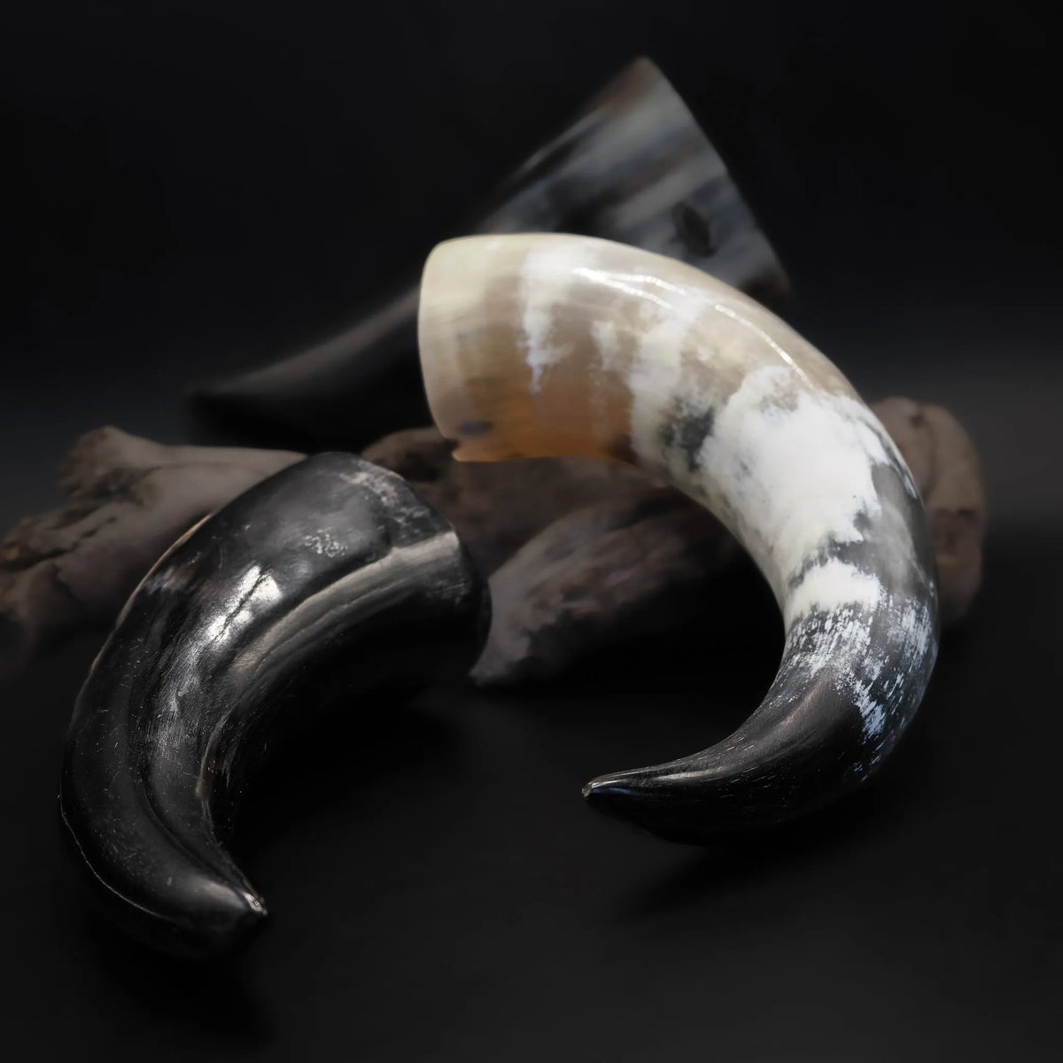 Drinking horn Kåsa – several small horns in different colour shades side by side