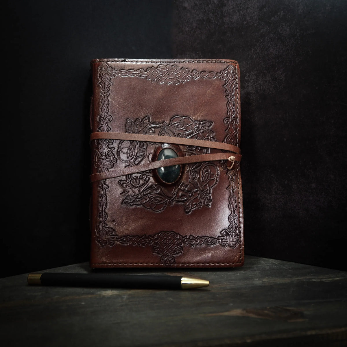 Leather notebook with stone, medium