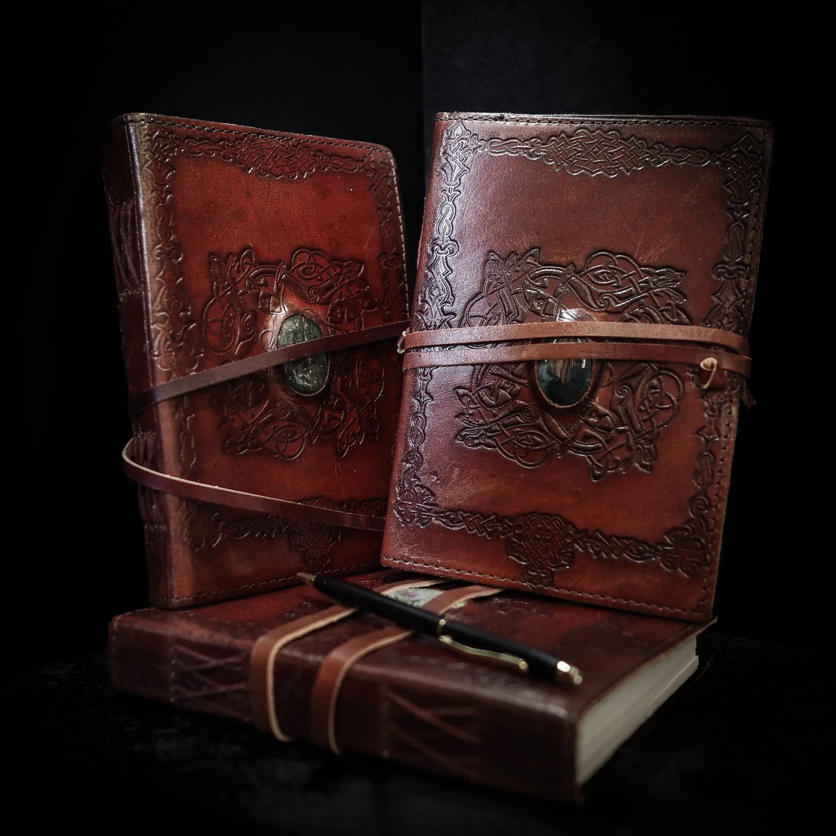 Leather notebook with stone, medium