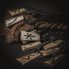 Nordic Runes in bone – rune amulet in ox bone on black leather cord