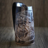 Hand-carved horn mug, Thyr and fenris