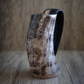 Hand-carved horn mug, Thyr and fenris