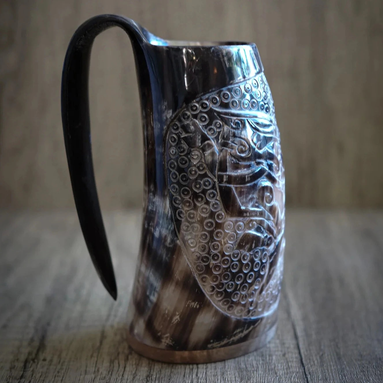 Hand-carved horn mug, Thyr and fenris