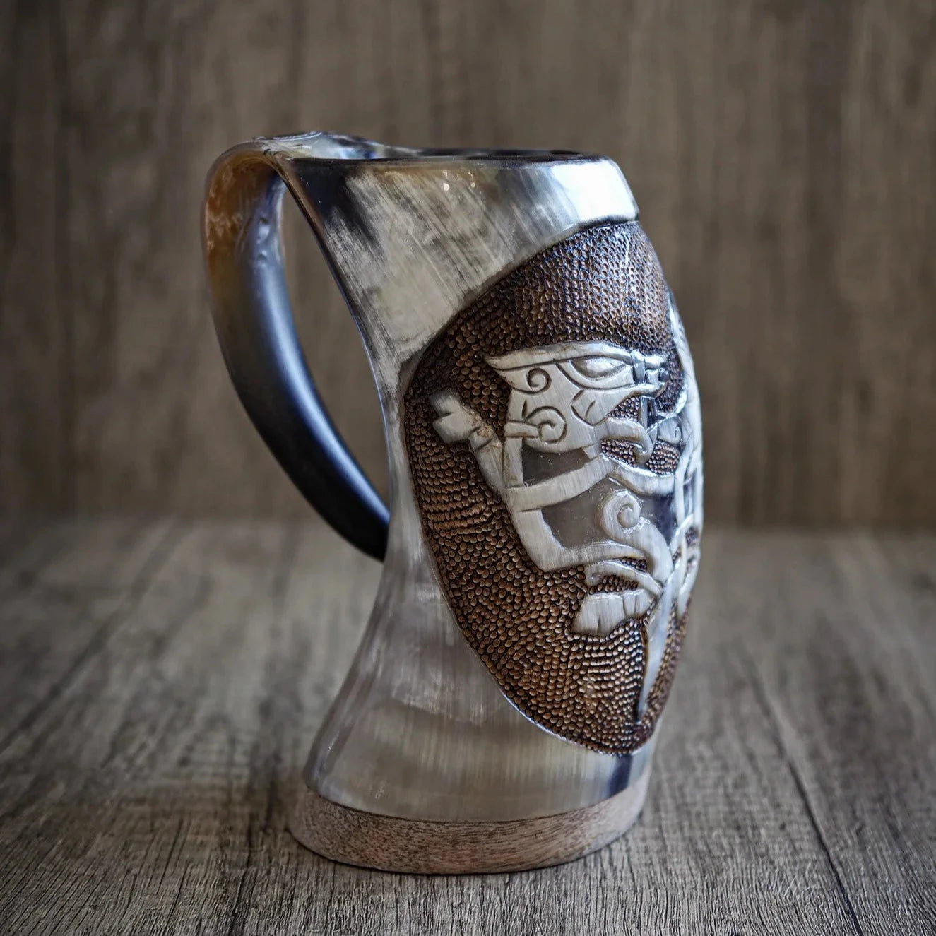 Hand-carved horn mug, Thyr and fenris