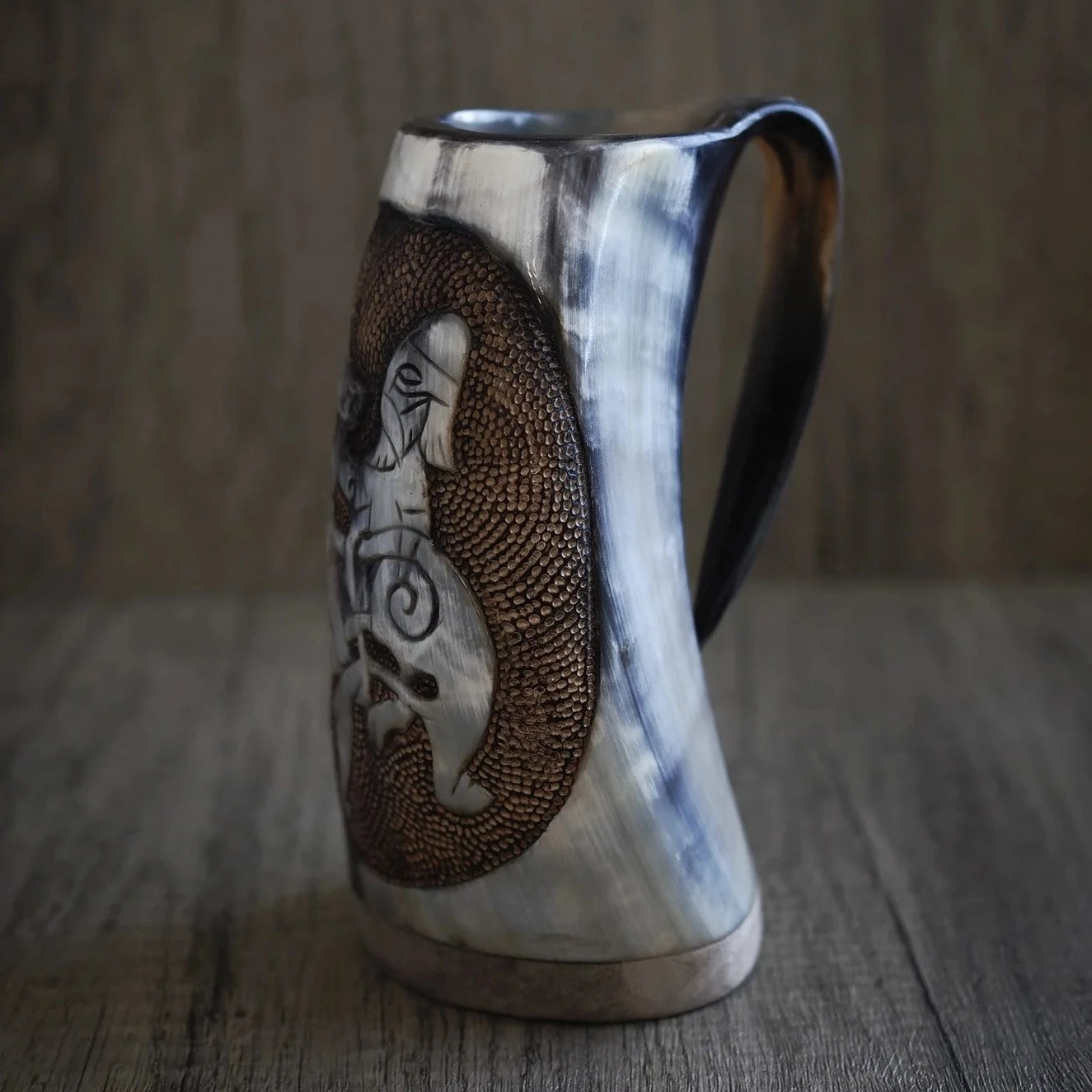 Hand-carved horn mug, Thyr and fenris