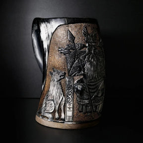 Hand carved horn mug, Allfather Odin