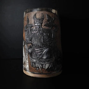 Hand carved horn mug, Allfather Odin