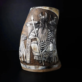 Hand carved horn mug, Allfather Odin