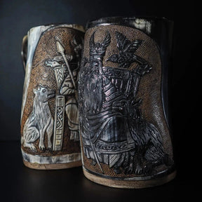 Hand carved horn mug, Allfather Odin