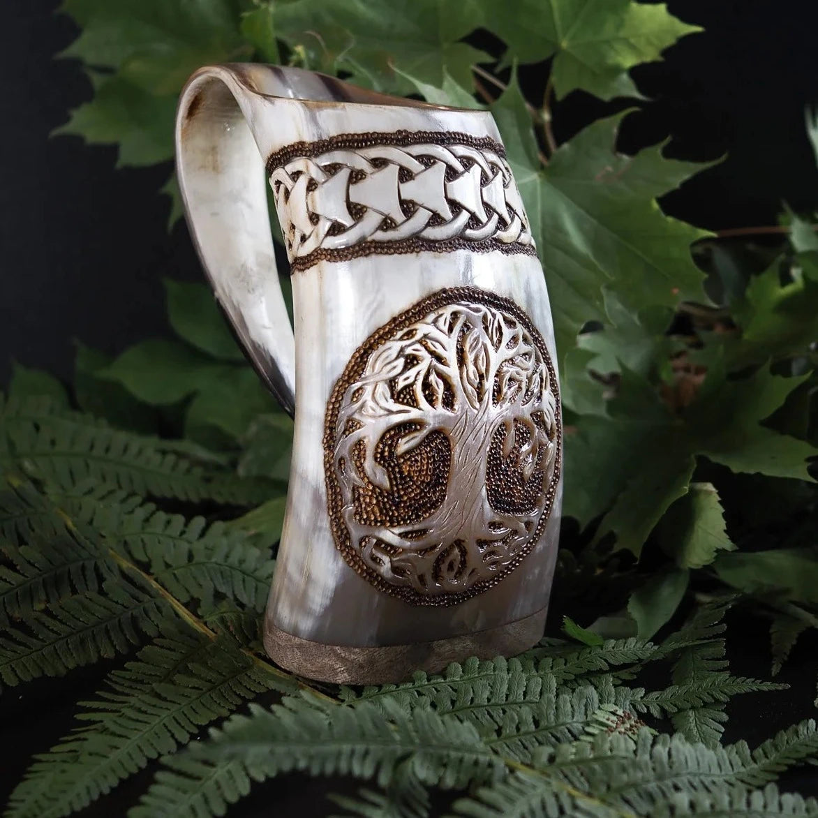 Hand-carved horn mug, Tree of Life