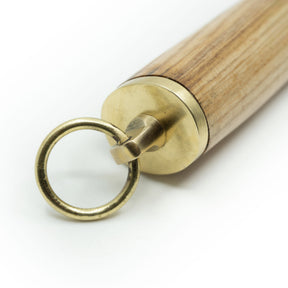 Seax knife, Gotland, blunted edge – close-up of the brass button and ring at the end of the ash handle