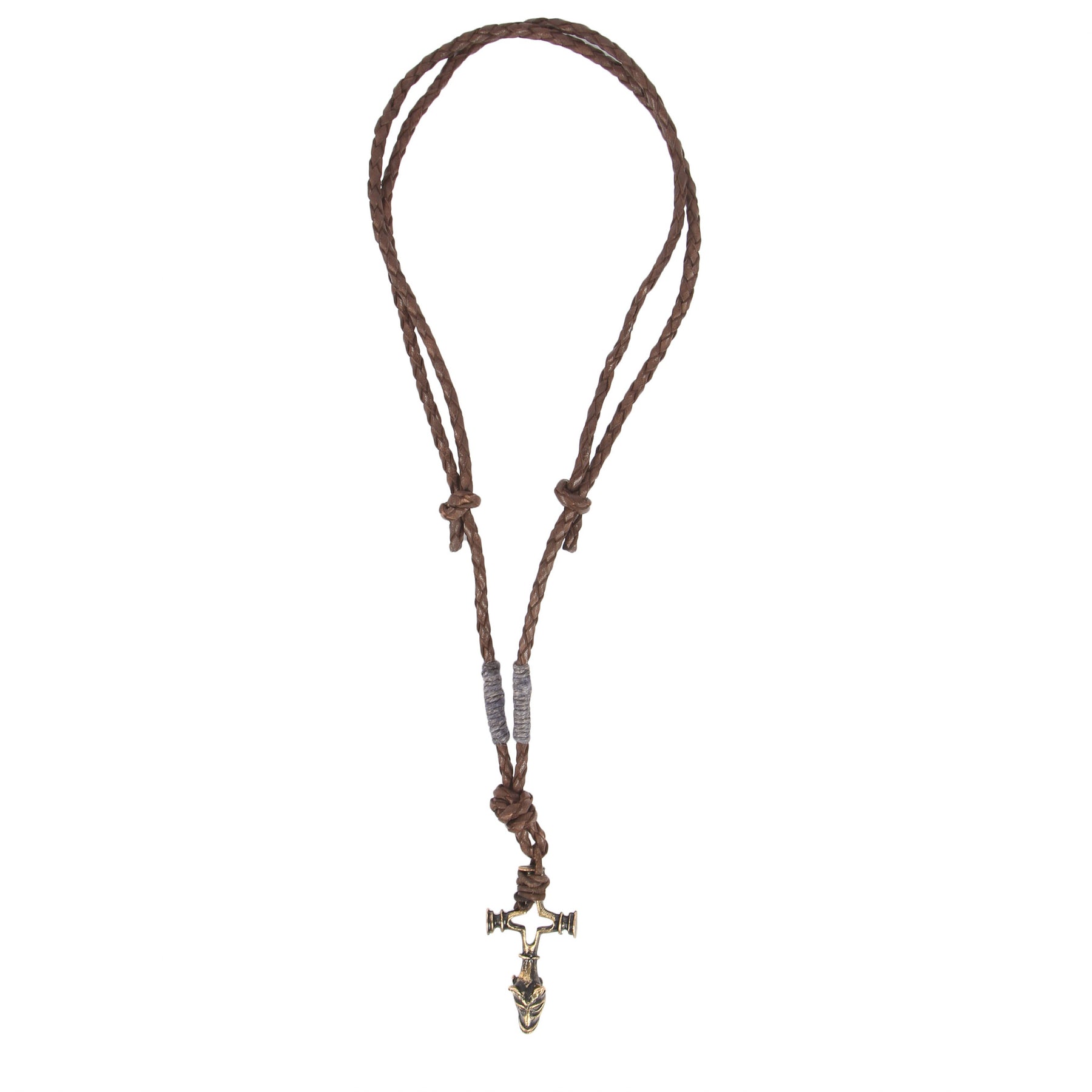 Vargkors necklace – full view with braided leather cord and wolf cross pendant