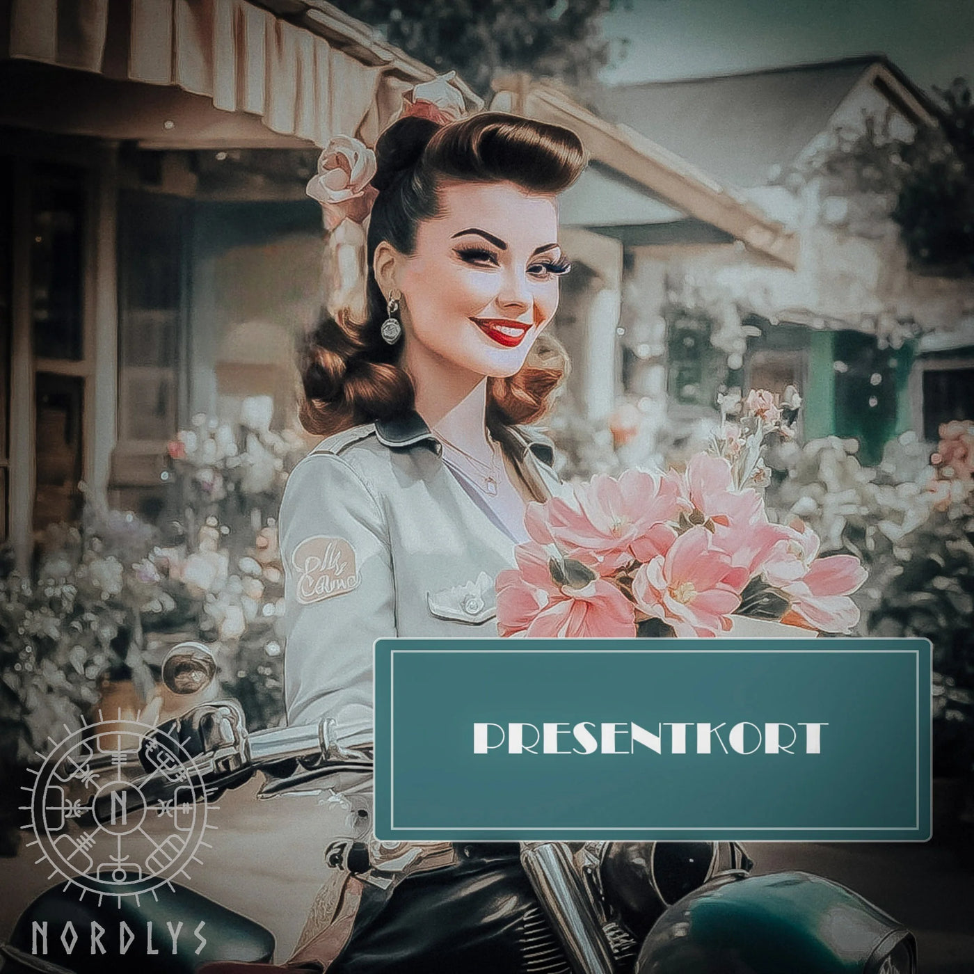 Gavekort – gavekort med retro kvinneportrett og blomster