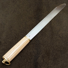 Seax knife, British Isles, blunted edge – whole knife seen from above at an angle, blade with smith's mark