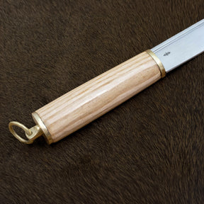 Seax knife, British Isles – ash handle with brass pommel and ring, blade's smith's mark visible