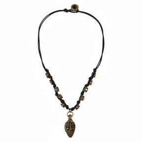 Odin halsband med gudamask i brons på svart läderband med bronsöglor, studiofoto