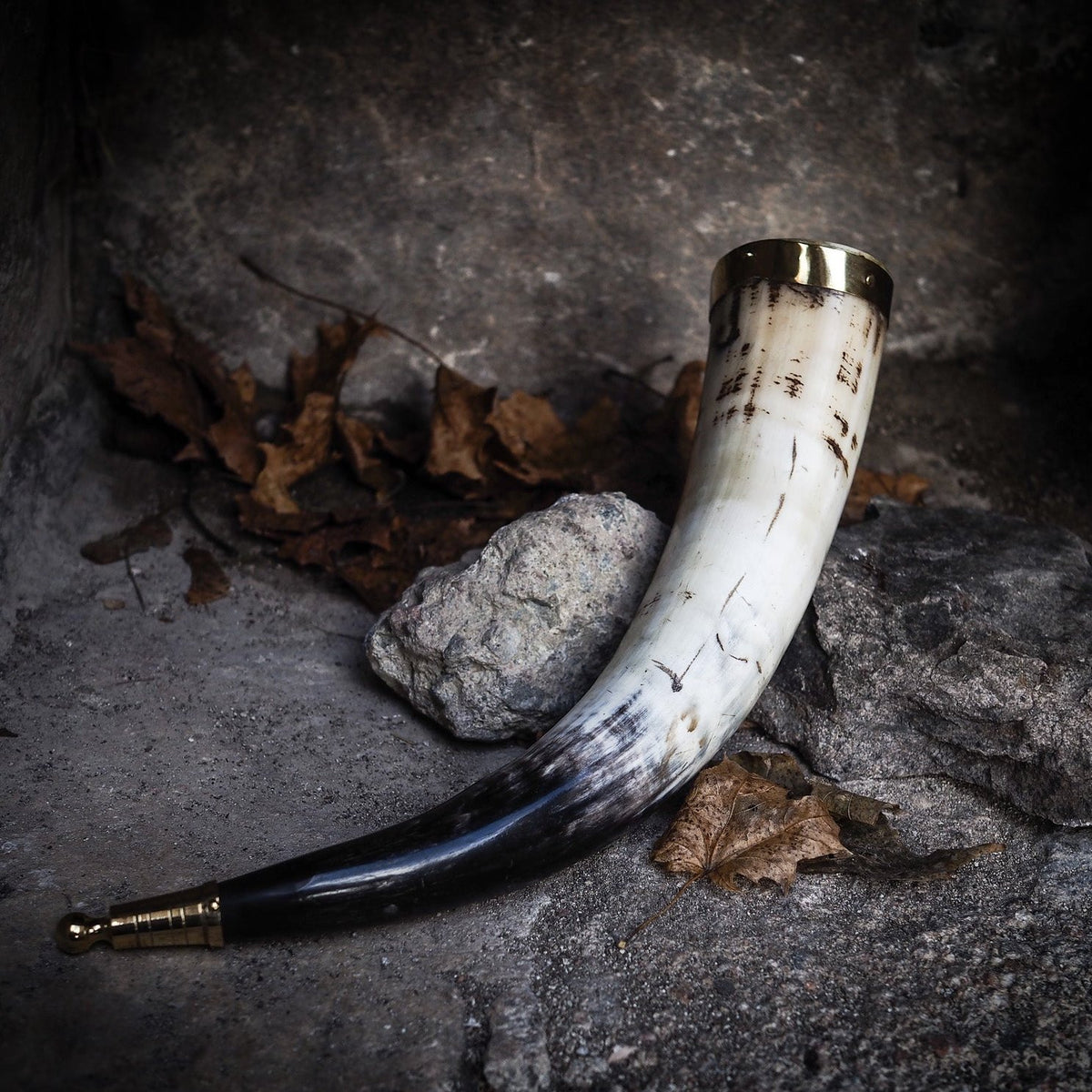 Drinking horn with brass decoration, approx. 250ml